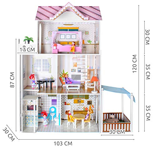 Puppenhaus Puppen-Villa mit Zubehör aus Holz 120 cm hoch Mädchen Spielzeug ab 3 Jahren 9152 – Bild 4