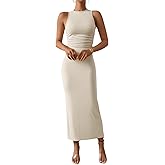 Verdusa Women's Crewneck Sleeveless High Waist Rib Knit Tank Long Bodycon Dress Beige Small