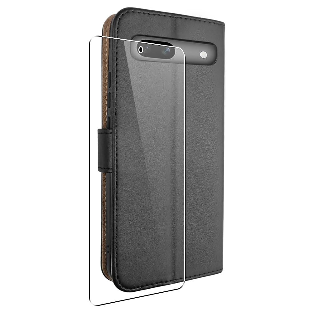 SDTEK Case Compatible with Google Pixel 7a, Leather Wallet Flip Book Folio Wallet View Phone Cover Stand + Glass Screen Protector (Black)