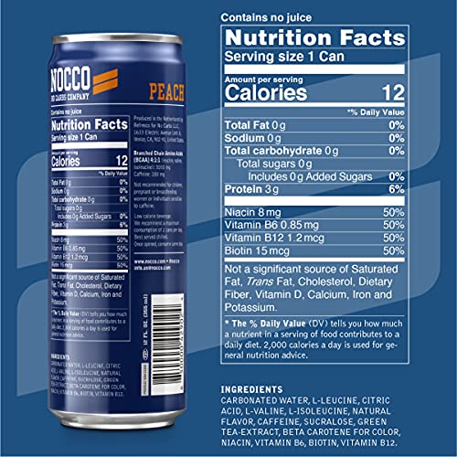 NOCCO Energy Drink Peach Flavor 12 Fl Oz, Pack of 12 No Carbs