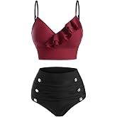 DRESSFO Retro Two Piece Bikini Sets Gothic Bathing Suit | High Waisted Bikini Sets, Gothic Bat, Moon Star Print,Flower print, Vintage,Tummy Control, Bathing Suit,retro bikini set