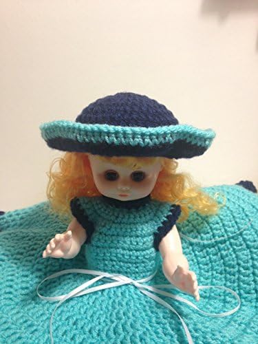 Music Box Doll, handmade, collectible dolls, crochet, ribbon, light blue, dark blue, strawberry blonde doll