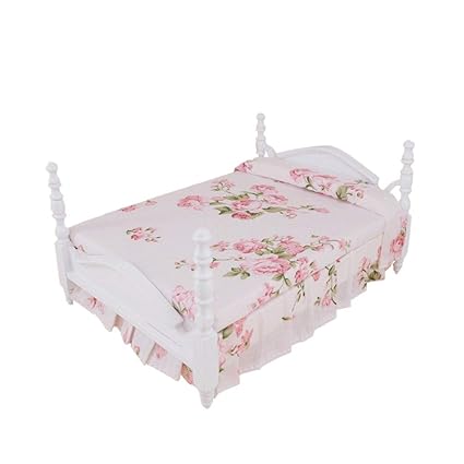 EDTara Cute Mini White Floral Printing Princess Bed Furniture Toy for 1:12 Doll House