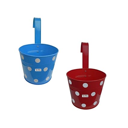 Kraftsplanet Garden Decor Set of Two Polka Design Railing with Detachable Hooks and Handle Planter Container Set.