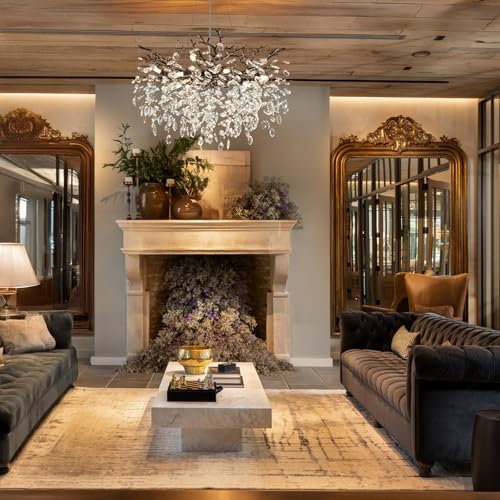 PIOUTNF Modern Crystal Chandelier, Dining Table Chandeliers, Tree Branch Chandelier Adjustable Height for Dining Room, Living Room, High Ceiling, Kitchen Island, Foyer, Black