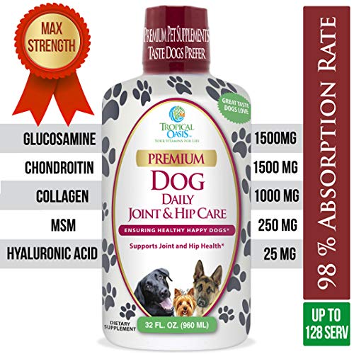 VETERINARIAN DEVELOPED Hip & Joint Supplement for Dogs- Max Strength Liquid Glucosamine for Dogs w/Chondroitin, MSM, Hyaluronic Acid PLUS Collagen -Arthritis Pain Relief for Dogs -32oz, Up to 128 Serv