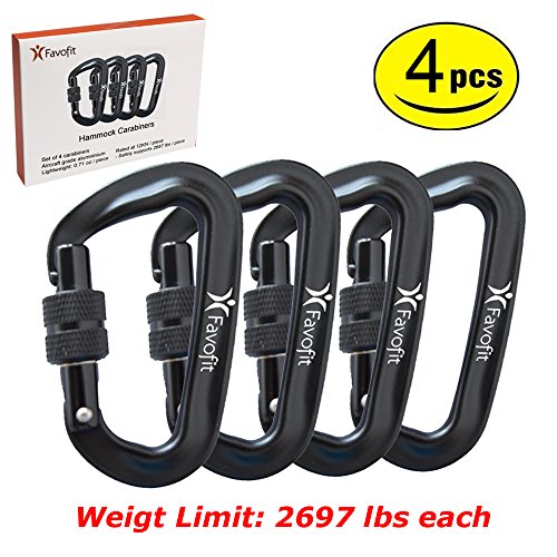 Favofit 12KN Heavy Duty Locking Aluminium Screwgate Carabiner Clips, Pack of 4, Black