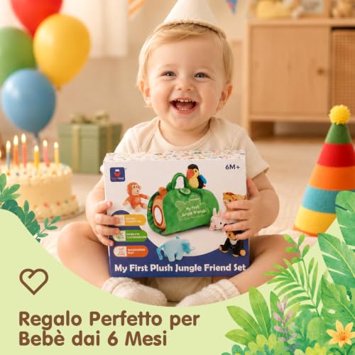 hahaland Giochi Bambini 1 Anno, Set di Peluche Animali con Suoni Realistici | 6 Animali Giungla con Suoni, 2 in 1 Tappetino da Gioco & Borsa, Giocattoli Montessori Sensoriale, Regalo 6 9 12 Mesi