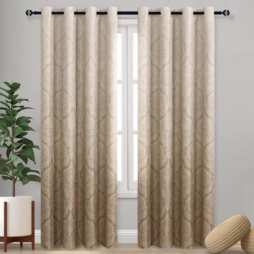 DWCN Ombre Blackout Curtains for Bedroom - Damask Patterned Thermal Insulated Energy Saving Grommet Curtains for Living Room, Set of 2 Gradient Window Curtain Panels, 52 x 96 Inches Long, Taupe