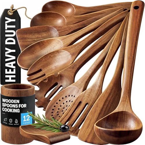 Zulay Kitchen 12-Piece Teak Wooden Utensils for Cooking - Natural Teak Utensil...