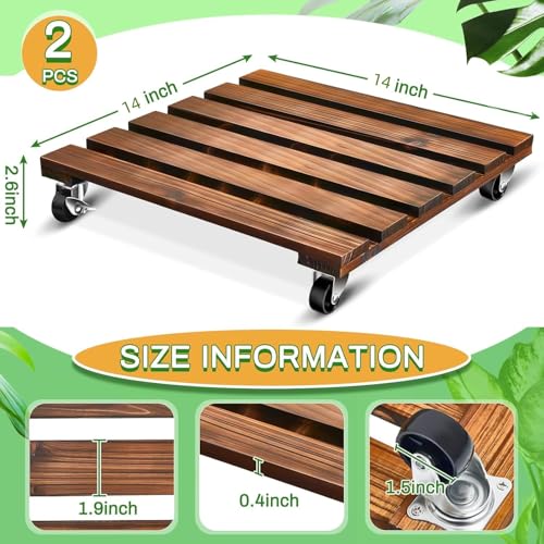 Heavy Duty Plant Caddy, Wood Rolling Plant Stand 220 LB, 2 PCS 14in with 4 Wheels, Wooden Plant Dolly with Metal 360° Lockable Caster Wheels, for Outdoor Indoor Plant Pots, Flower Pot, Patio (Square)