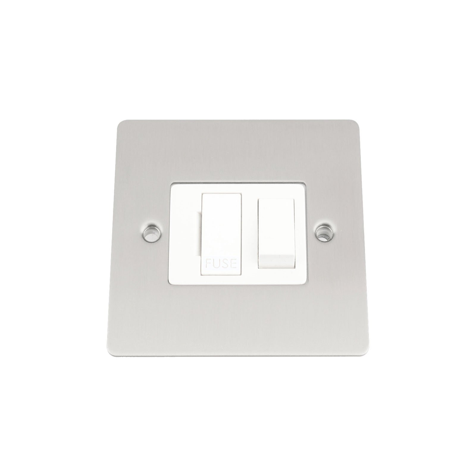 Fused Switch - Satin Matt Chrome - Flat - White Insert Plastic Switch - 13 Amp Switched Fused Spur Unit