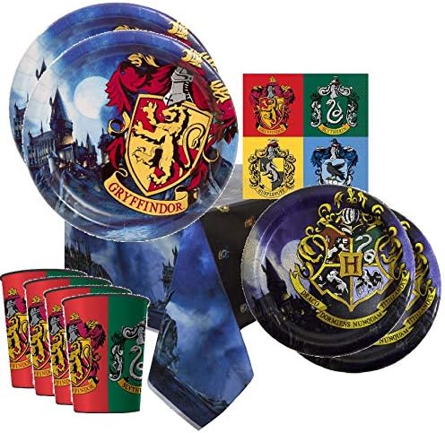 Harry Potter Party Supplies Tableware Bundle Pack For 8 Guests - Includes 8 Dinner Plates, 8 Dessert Plates, 8 Reusable Plastic Cups, 16 Dinner Napkins, and 1 Tablecover