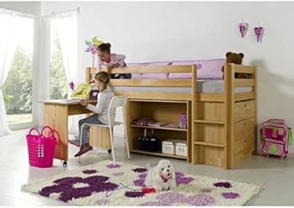 Cama alta de madera de haya maciza con cómoda, estantería y escritorio