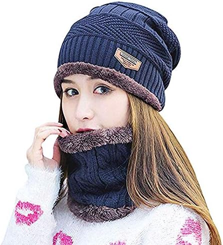 Devil 2Pcs Women's Winter Warm Knitted Cap with Fleece Scarf Set|Neckwarmer|Fleece Lining Cap with Neckwarmer (Blue, Freesize)