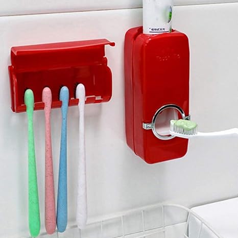 Amazon 歯ブラシスタンド 歯ブラシホルダー 自動歯磨き粉ディスペンサー 壁掛け式 歯磨き粉ホルダー 歯ブラシ収納 粘着式 洗面台 多機能収納ケース 家族用5本 レッド 歯ブラシスタンド ホーム キッチン オンライン通販