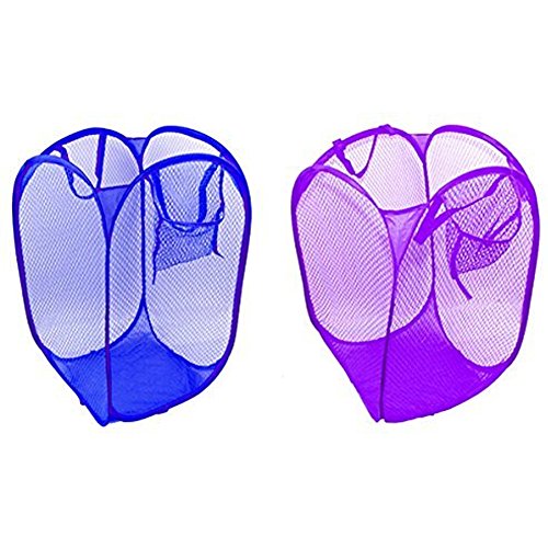 LEFVâ„¢ Pack of 2 Laundry Basket Deluxe Pop Up Mesh Hamper Clothes Sorter Folding Storage Tote Bag Case Open Bin for Toys Dirty Tidy Clothes Socks Underwear Bra Lingerie Royal Blue and Purple