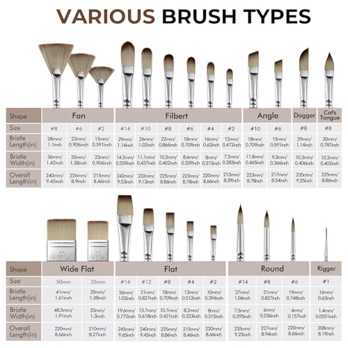 Fuumuui 25pcs Paint Brush Set, Professional 9 Shapes with Wide Flat, Filbert, Fan, Dagger, Cat Tongue, Round, Angle, Rigger for Acrylic Oil Watercolor | Includes Palette Knife & Waterproof Canvas Roll