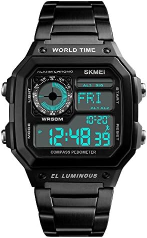 Men's Word Time Digital Sport Watch Dual-Time Countdown Alarm Luminous Stainless Steel Band Watch