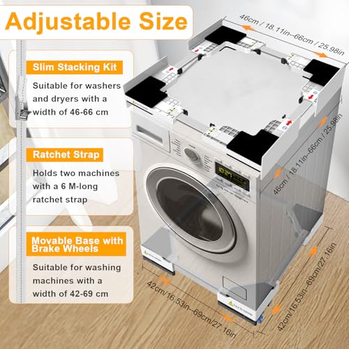 NIUXX Universal Connecting Frame and Base for Dryer and Washing Machine, Adjustable in Size with Ratchet Cable and Transport Wheels with Brake for Washing Machines and Dryers, Space Saving