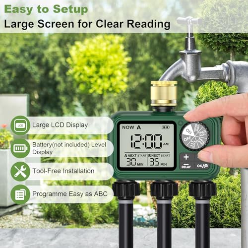 Water Timer 3 Outlets with Brass Inlet, Programmable Sprinkler Hose Waterproof Timer, Automatic prinkler Timers with Rain Delay/Manual Watering/large LCD display for Irrigation Lawn Yard