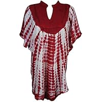 Women Caftan Top Red Tie Dye Shirt Short Kimono Blouse OneSize