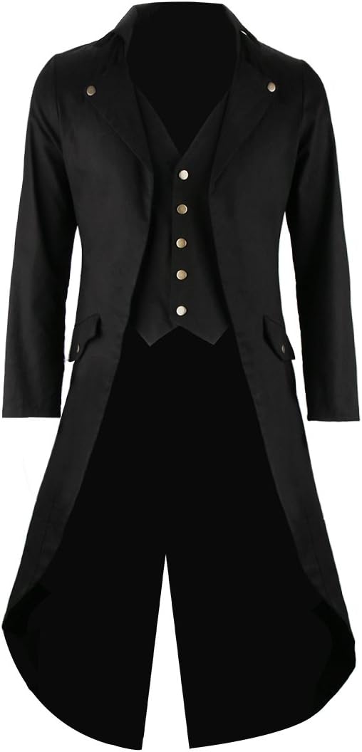 Mens Black Tailcoat Jacket Gothic Steampunk Victorian VTG Halloween Costume Long Coat
