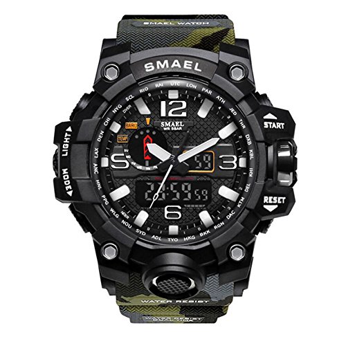 SMAEL Men's Sports Analog Quartz Watch Dual Display Waterproof Digital Watches with LED Backlight relogio masculino (Army green-Camo)