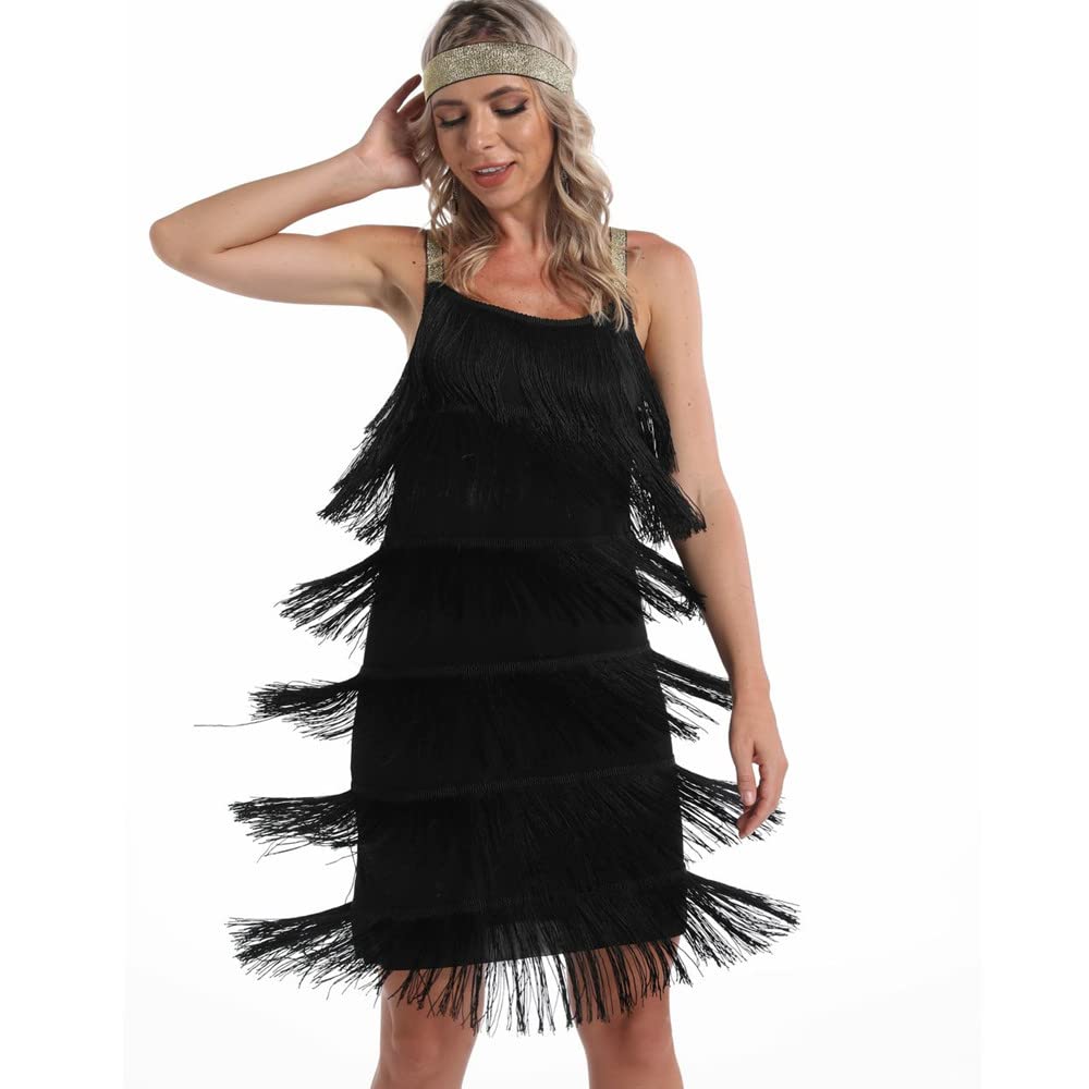 Generic Women's Great Gatsby Flapper Spaghetti Tassel Dress with Headband, 20s Elegant Mini Dress Party Accessory COSTUME OUTFIT (L, Black)