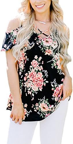 YILE SHU Women Casual Floral Print Cold Shoulder Short Sleeve Crisscross Front V Neck T Shirt Blouses (XL,Black)
