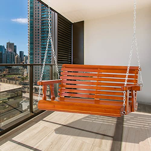 Outsunny 46" 2 Person Wooden Hanging Porch Swing Bench, Slatted Front Porch Swing Outdoor Chair