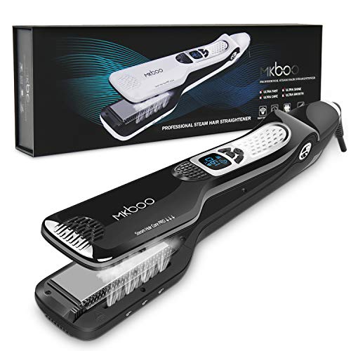 MKBOO Hair Straightener with Steam,Salon Professional Nano Titanium Ceramic Steam Flat Iron with Removable Comb+Digital LCD+5 Level Adjustable Temperature+Auto Temperature Lock Black
