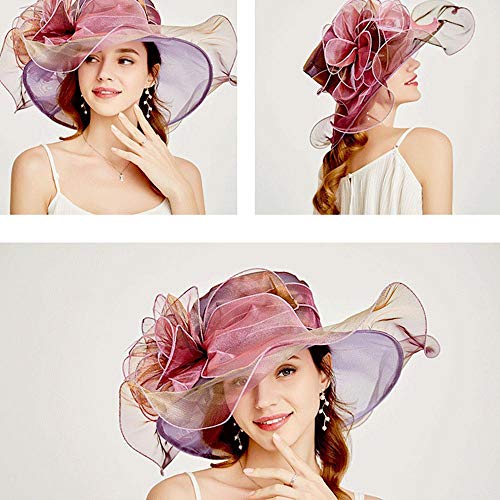 Aolvo Women Foldable Organza Church Hat - Lady Fascinator Tea Party Wedding Hat UV-Anti Cap With Ruffles Wide Brim For Derby - Thumbnail 4