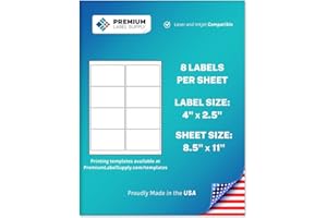 Premium Label Supply White Sticker Shipping/Mailing Labels – 4" x 2.5" – Laser/Inkjet Compatible – (8 per Sheet), 25 Sheets – 200 Total Adhesive Labels