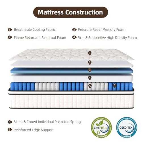 Himanba Full Mattress 12 Inch Memory Foam Hybrid Mattress in a Box, Individual Pocketed Spring for Motion Isolation & Pressure Relief, Breathable Cooling Fabric, Medium Firm, Edge Support, CertiPUR-US