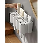 FLAUVEL Wall-Mounted Toothbrush and Toothpaste Holder - Self-Draining Design, Easy Installation, Space-Saving, White (Quadruple - Four Normal Cups)