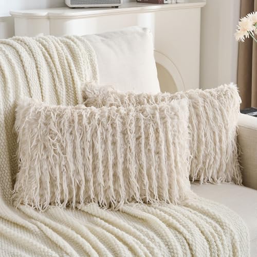 FUTEI Plush Throw Pillow Covers 12x20 Inch Beige