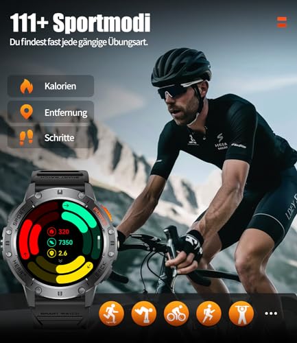 ESFOE Men's Smart Watch, 1.43 inch AMOLED Smartwatch Military Man with LED Flashlight/530mAh/5ATM Waterproof/Calls/120 Sports Modes/Heart Rate Monitor/Pedometer Android iOS Black