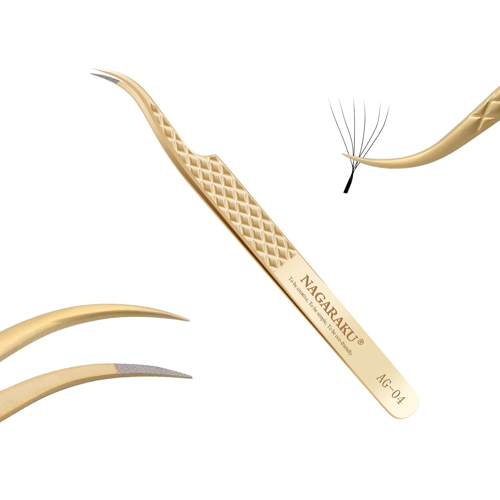 NAGARAKU Precision Fiber Tip Grip Tweezer for Eyelash Extensions Diamond Handle Anti-Static Anti-Slip Premium Gold Stainless Steel Eyelashes Tweezers Supplies with Box(C Curved Tip Tweezer AG-04)