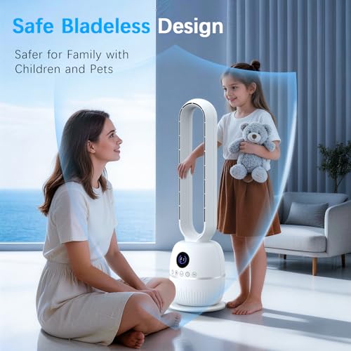 Teoryieer Tower Fan Without Blades, 90 cm Fan Without Blades, DC Motor, 12 Speeds, 12H Timer, Remote Control, LED Display, Automatic Oscillation 60°