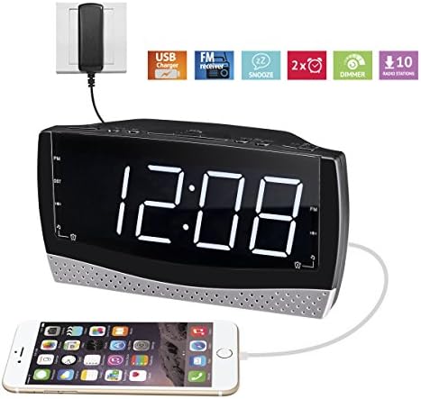1A2BVV Alarm Clock Radio with single USB Charger, includes Dual Alarm, Battery Backup, Dimming Options (PCR-979)