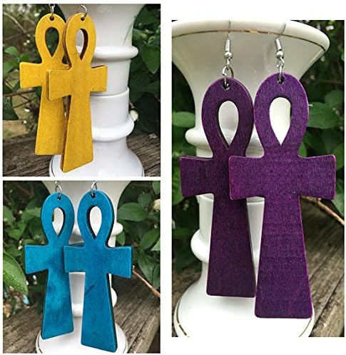 Color Stained Ankh Cross Egyptian Cross Natural Wood Dangle Lightweight Earrings: Purple