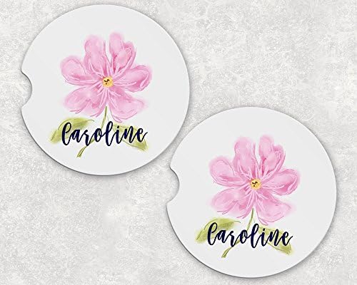 Monogrammed Car Coasters - Absorbent Sandstone - Pink Flower (SET of 2)