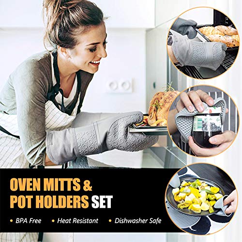 Extra Long Silicone Oven Mitts Baking Set and Pot Holders, 6Pcs Quilted Liner Heat Resistant Non-Slip Gloves with Mini Oven Gloves, Hot Pads for Kitchen Baking Cooking