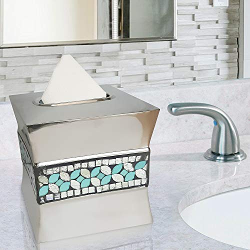 nu steel SF9H Sea Foam Collection Curved Shape Paper Facial Tissue Box Holder for Bathroom Vanity Countertops, Bedroom Dressers, Nightstands, Desks and Tables, Glass Mosaic with Aqua Finis - Thumbnail 3