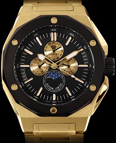 LOUIS-XVI-Herren-Armbanduhr-Le-Souverain-Stahlband-Gold-Schwarz-Mondphase-Analog-Quarz-Edelstahl-626