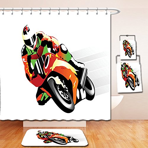 Click Here to See More Images Nalahome Bath Suit: Showercurtain Bathrug Bathtowel Handtowel Motorcycle Decor Retro Art of Motorcycle Racer with Helmet Championship Dangerous Extreme Sports Orange Green