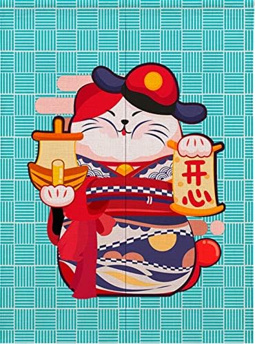 Ommda Cotton Maneki Neko Printed Japanese Noren Divider Doorway Curtain Tapestry with Rod for Home Decoration,Happy Cat,85x170cm(33.5"x67")