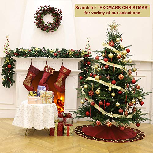 ExcMark 48 inch Burgundy Christmas Tree Skirt with Gold Plaids and Check Trim