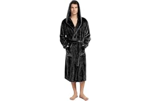 HOLOVE Mens Fleece Hooded Robe Plush Collar Shawl Bathrobe Soft Warm Long Sleeve